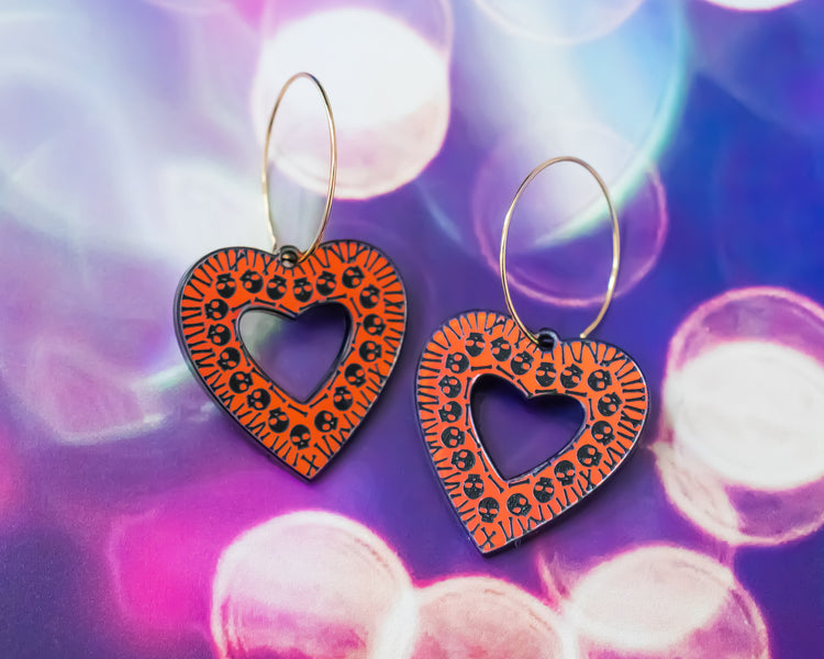 Holographic Skull Heart Earring Hoops