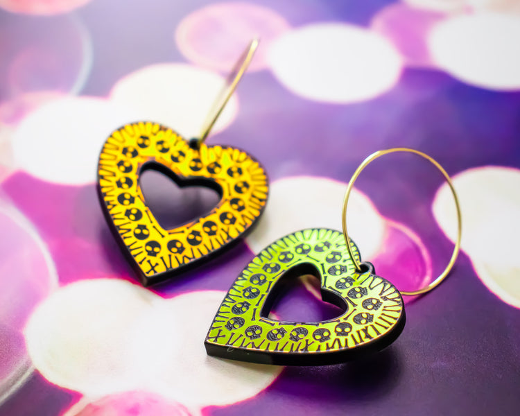 Holographic Skull Heart Earring Hoops