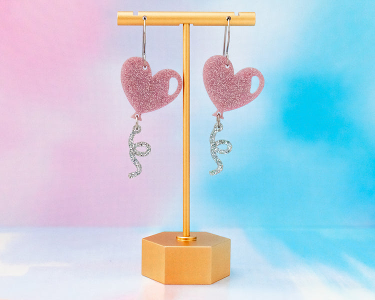 Pink Glitter Heart Balloon Earrings