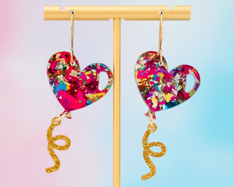 Glitter Flake Heart Balloon Earrings
