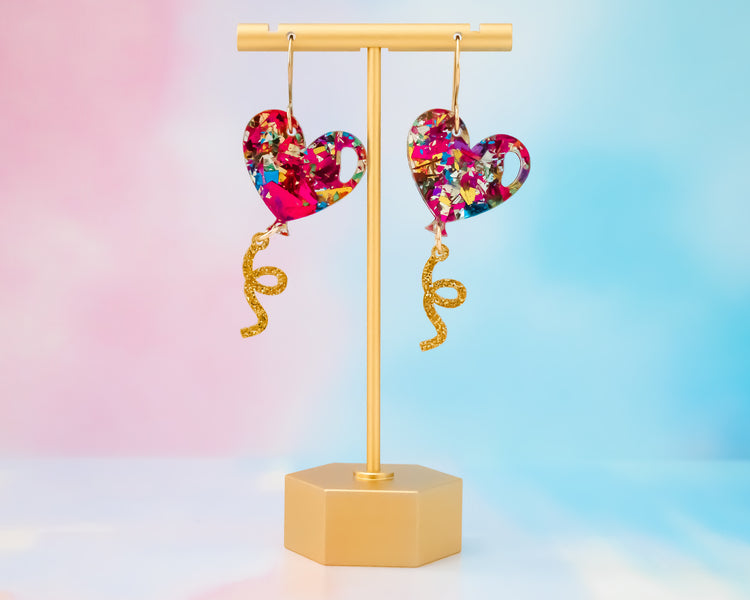 Glitter Flake Heart Balloon Earrings