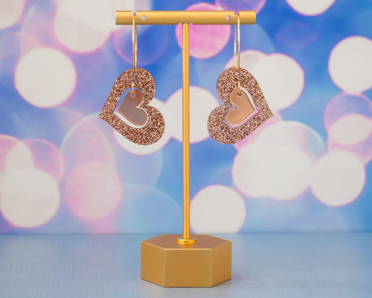 Rose Gold Double Tilted Heart Hoops