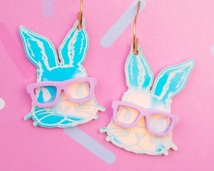 Holographic Bunny With Glasses Earrings