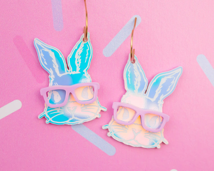 Holographic Bunny With Glasses Earrings