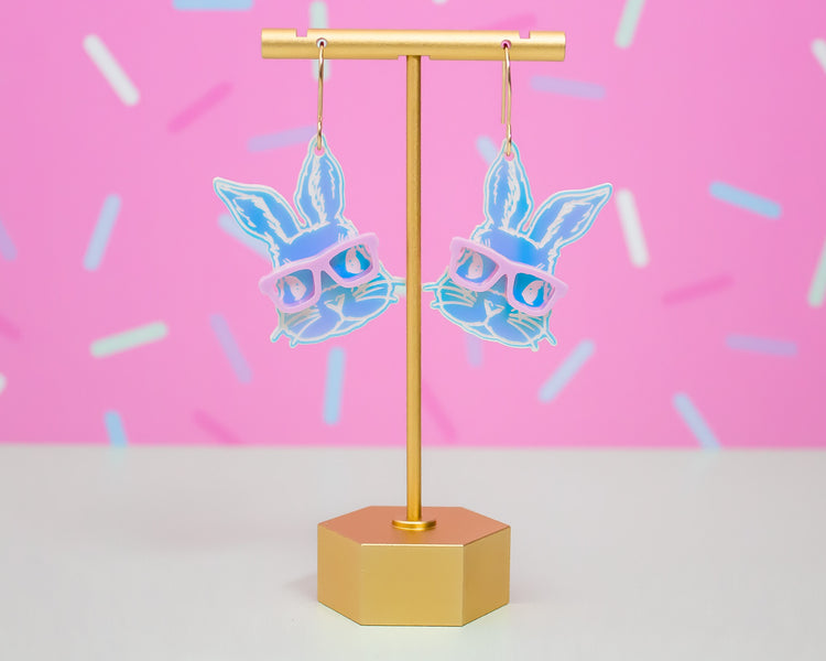 Holographic Bunny With Glasses Earrings