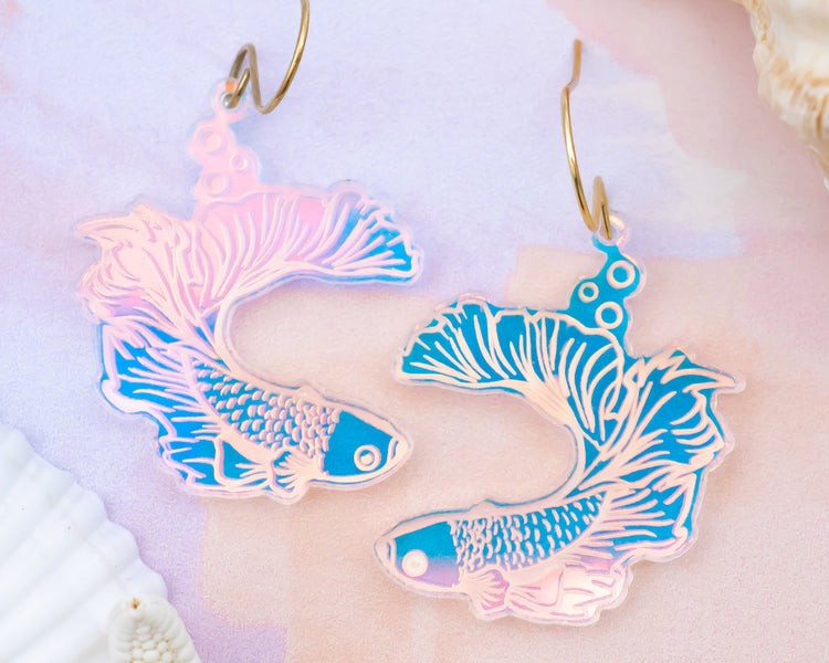 Beta Fish Holographic Acrylic Earrings