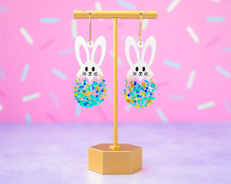 Bunny In Egg Blue Confetti Earrings