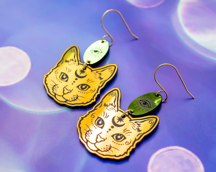 Celestial Cat Red/Green Holographic Earrings