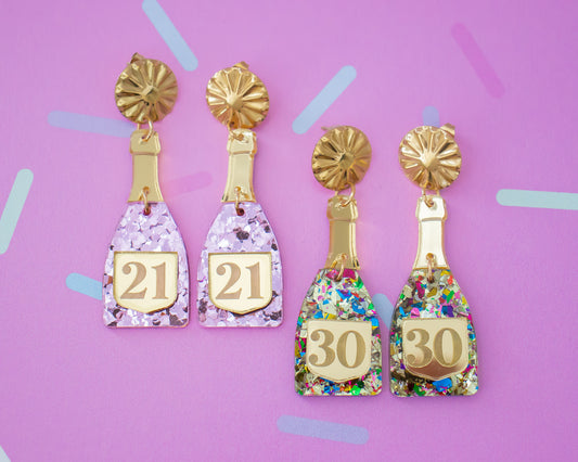 Champagne Bottle Custom Birthday Number Earrings