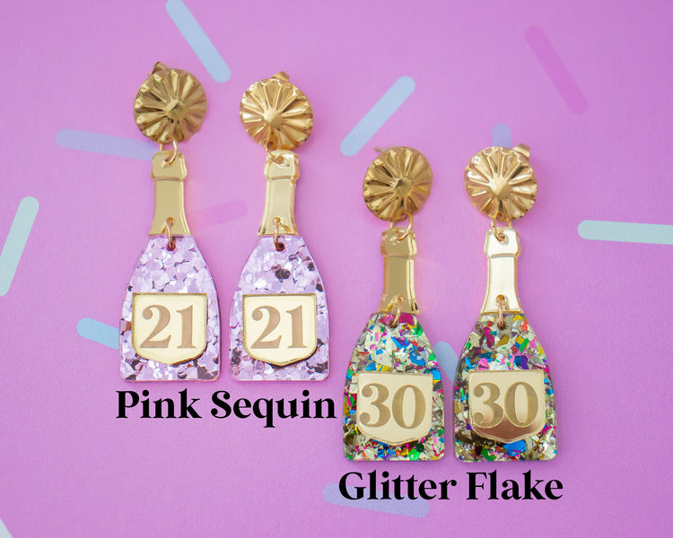 Champagne Bottle Custom Birthday Number Earrings