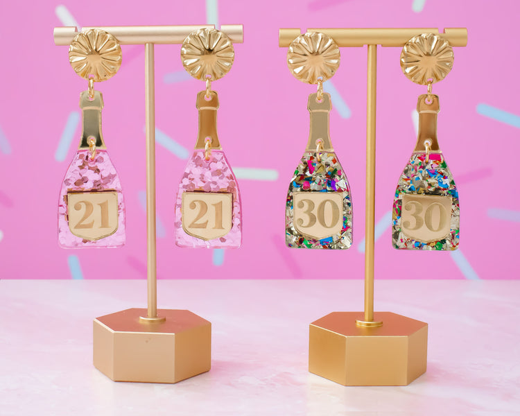 Champagne Bottle Custom Birthday Number Earrings