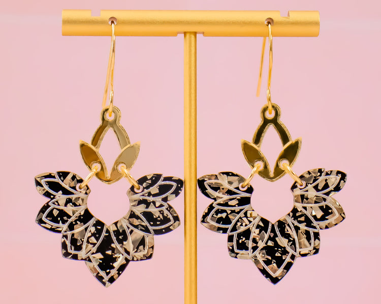 Black & Gold Abstract Lotus Earrings