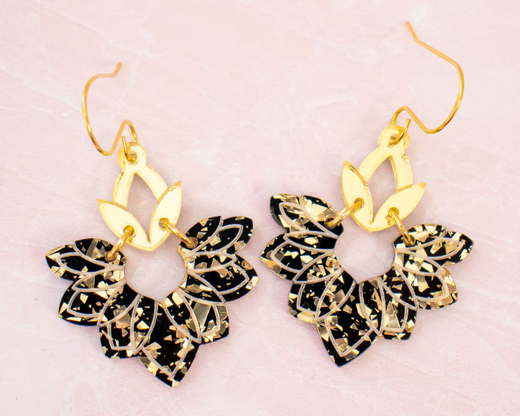 Black & Gold Abstract Lotus Earrings