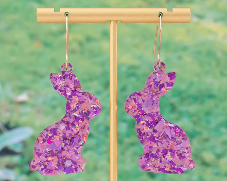 Pink & Purple Glitter Flake Bunny Earrings