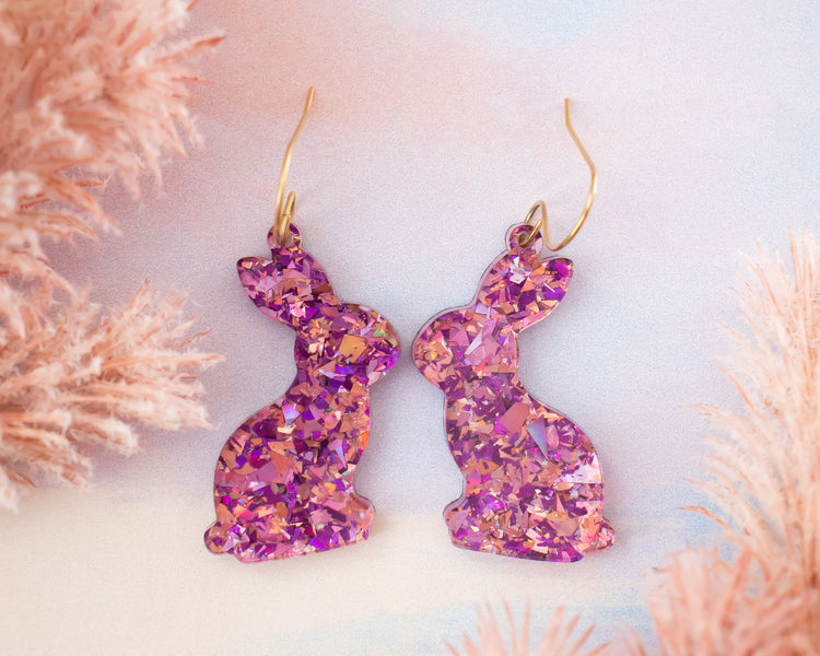 Pink & Purple Glitter Flake Bunny Earrings