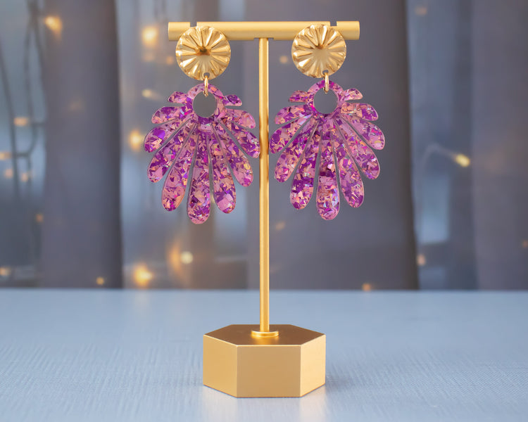 Large Statement Pink & Purple Flake Geometric Earrings