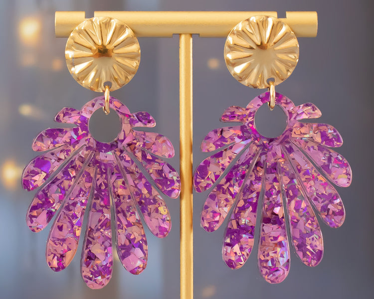 Large Statement Pink & Purple Flake Geometric Earrings
