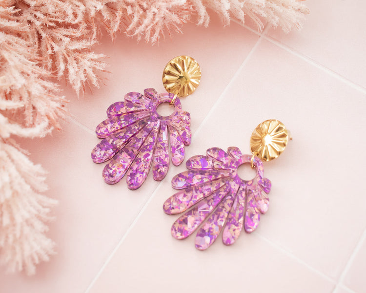 Large Statement Pink & Purple Flake Geometric Earrings
