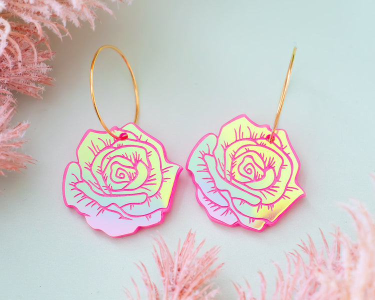 Holographic Rose Hoop Earrings