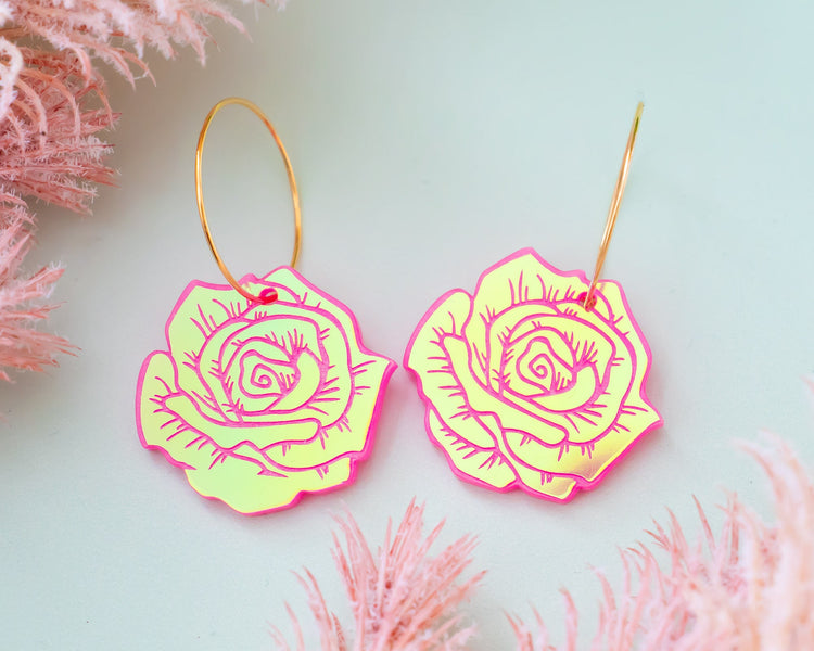 Holographic Rose Hoop Earrings