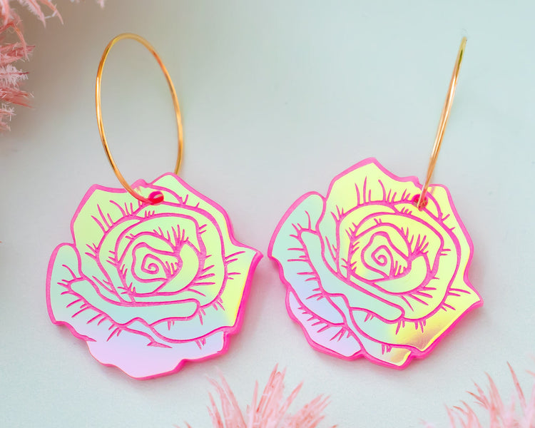 Holographic Rose Hoop Earrings