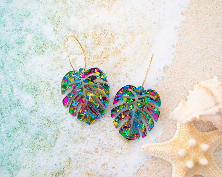 Green Glitter Monstera Earrings