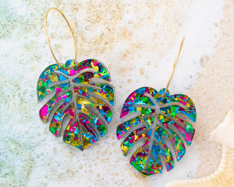 Green Glitter Monstera Earrings