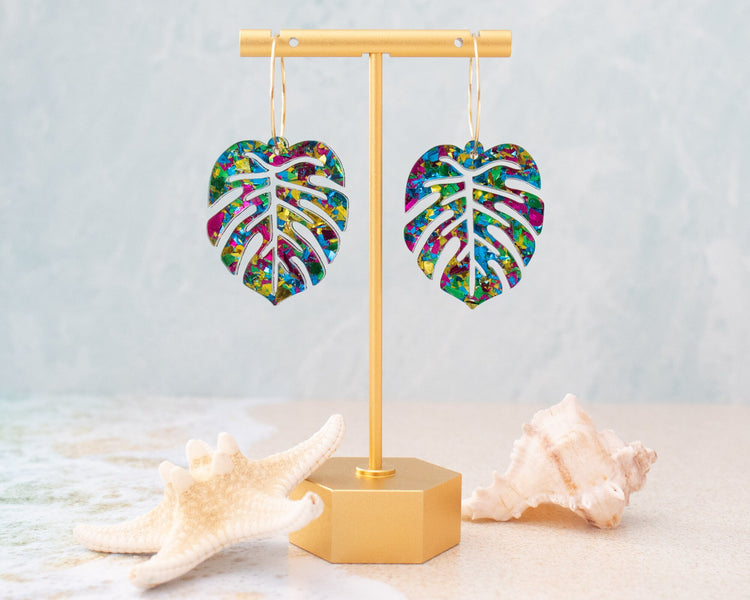 Green Glitter Monstera Earrings