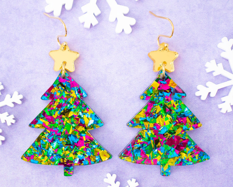 Green Glitter Christmas Tree Earrings