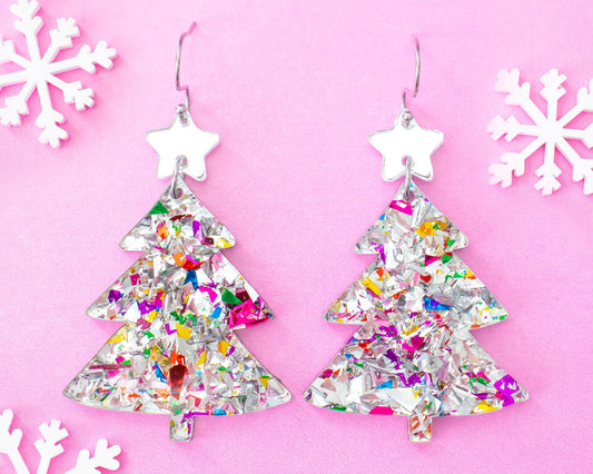 Silver Glitter Christmas Tree Earrings