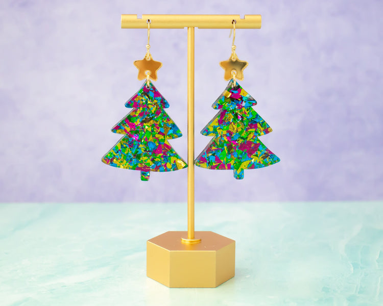 Green Glitter Christmas Tree Earrings