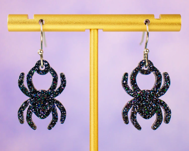 Black Glitter Spider Earrings