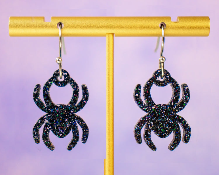 Black Glitter Spider Earrings