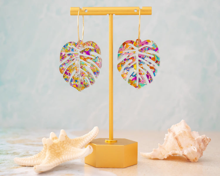 Multicolor Glitter Monstera Leaf Hoop Earrings