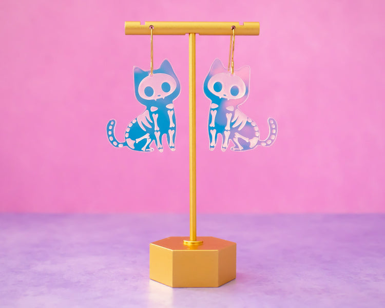 Holographic Skeleton Cat Earrings