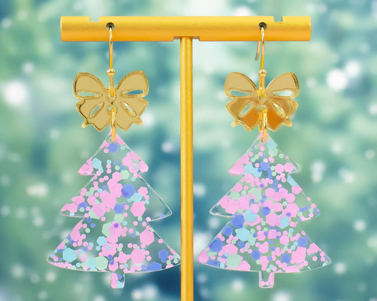 Pink Confetti Bow Christmas Tree Earrings