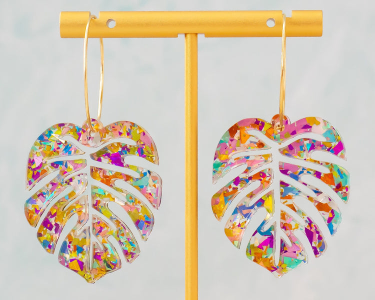 Multicolor Glitter Monstera Leaf Hoop Earrings