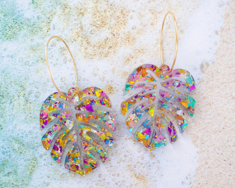 Multicolor Glitter Monstera Leaf Hoop Earrings