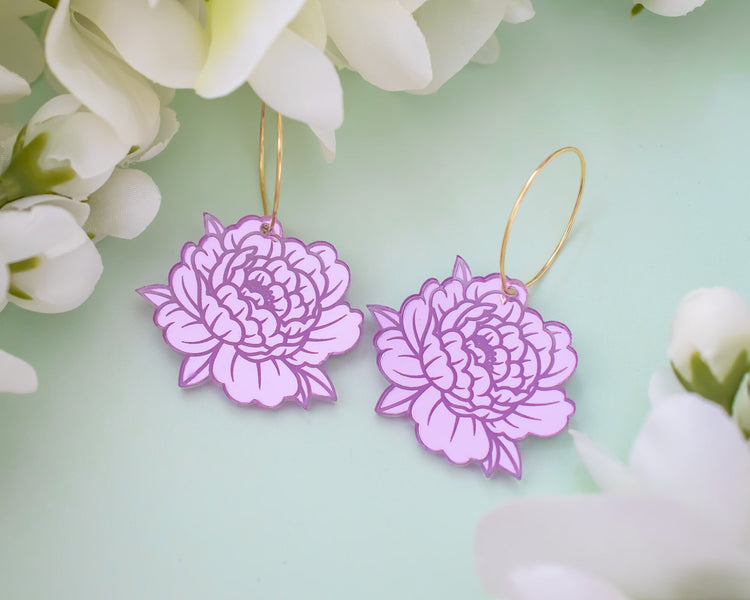 Purple Peony Hoop Earrings