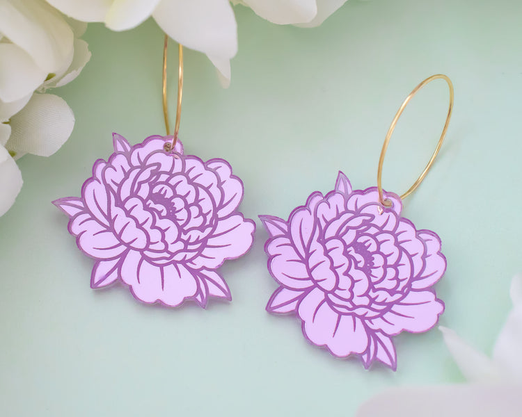 Purple Peony Hoop Earrings