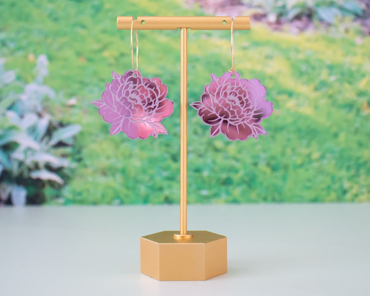 Purple Peony Hoop Earrings