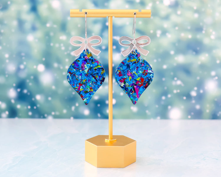 Blue Glitter Christmas Ornament Earrings