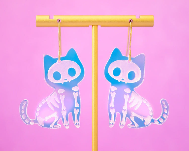 Holographic Skeleton Cat Earrings