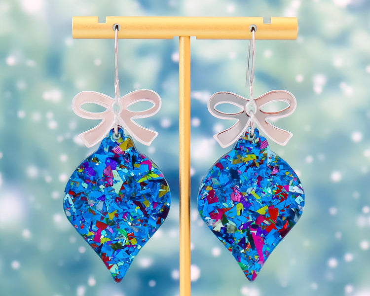 Blue Glitter Christmas Ornament Earrings