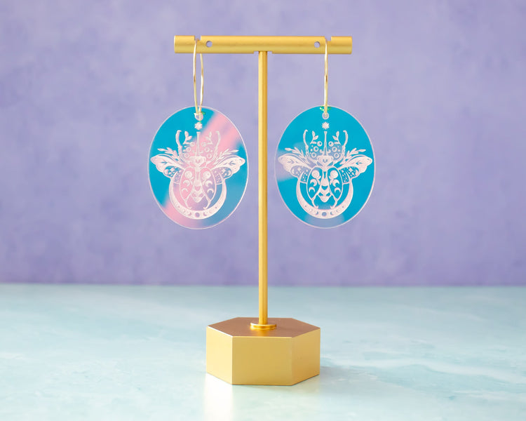 Celestial Beetle Earrings, Holographic Hoops