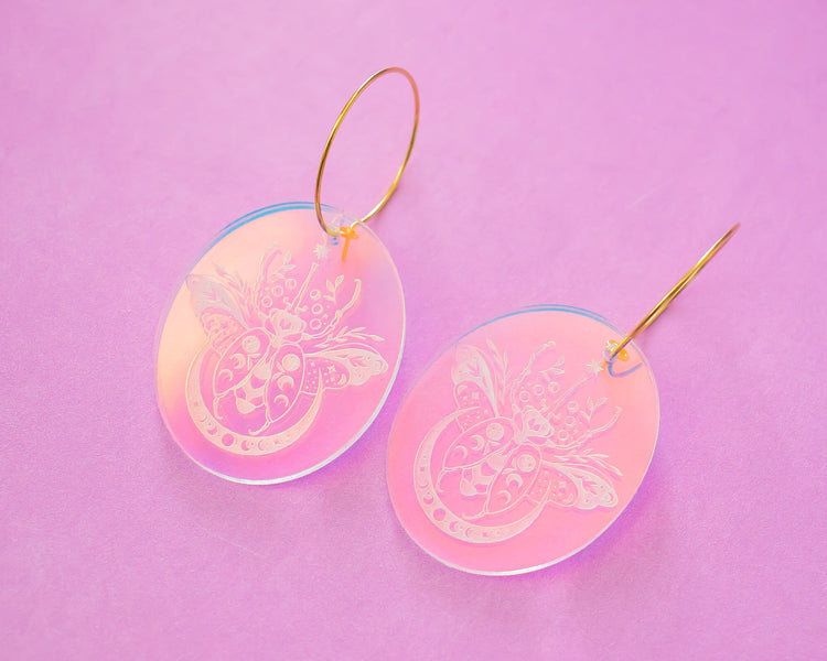 Celestial Beetle Earrings, Holographic Hoops