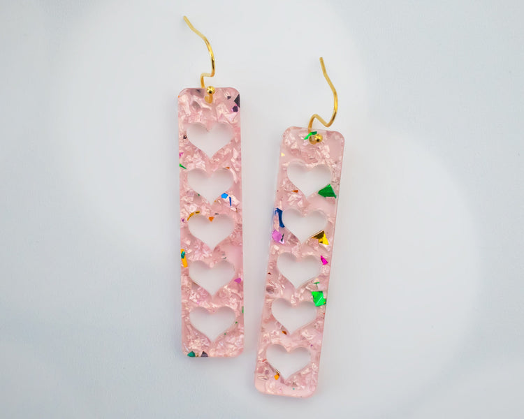 Pink Heart Rectangle Bar Earrings