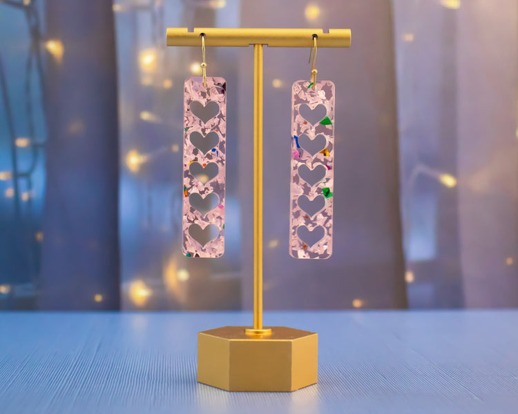Pink Heart Rectangle Bar Earrings