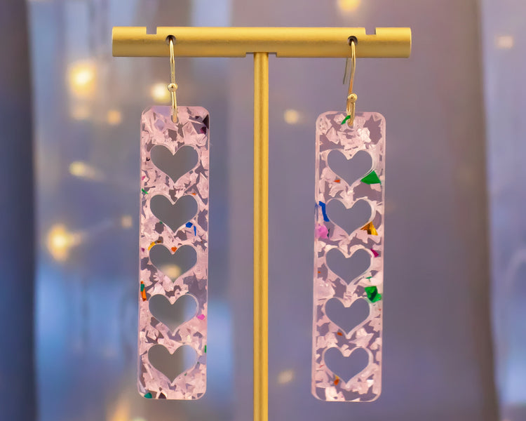 Pink Heart Rectangle Bar Earrings