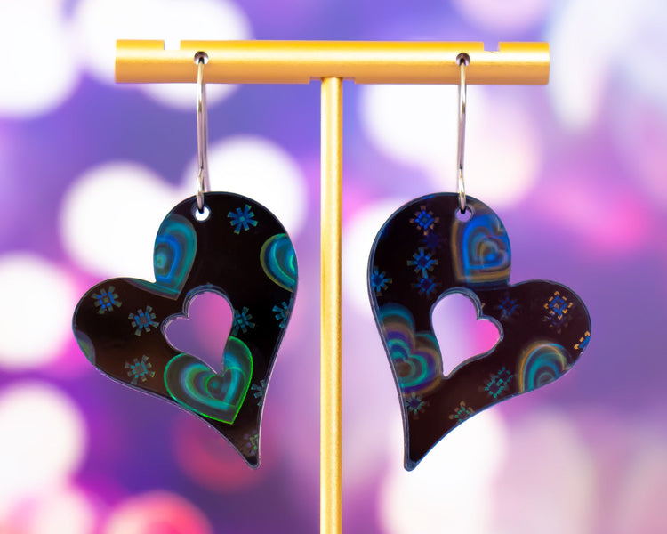 Black Holographic Heart Earrings
